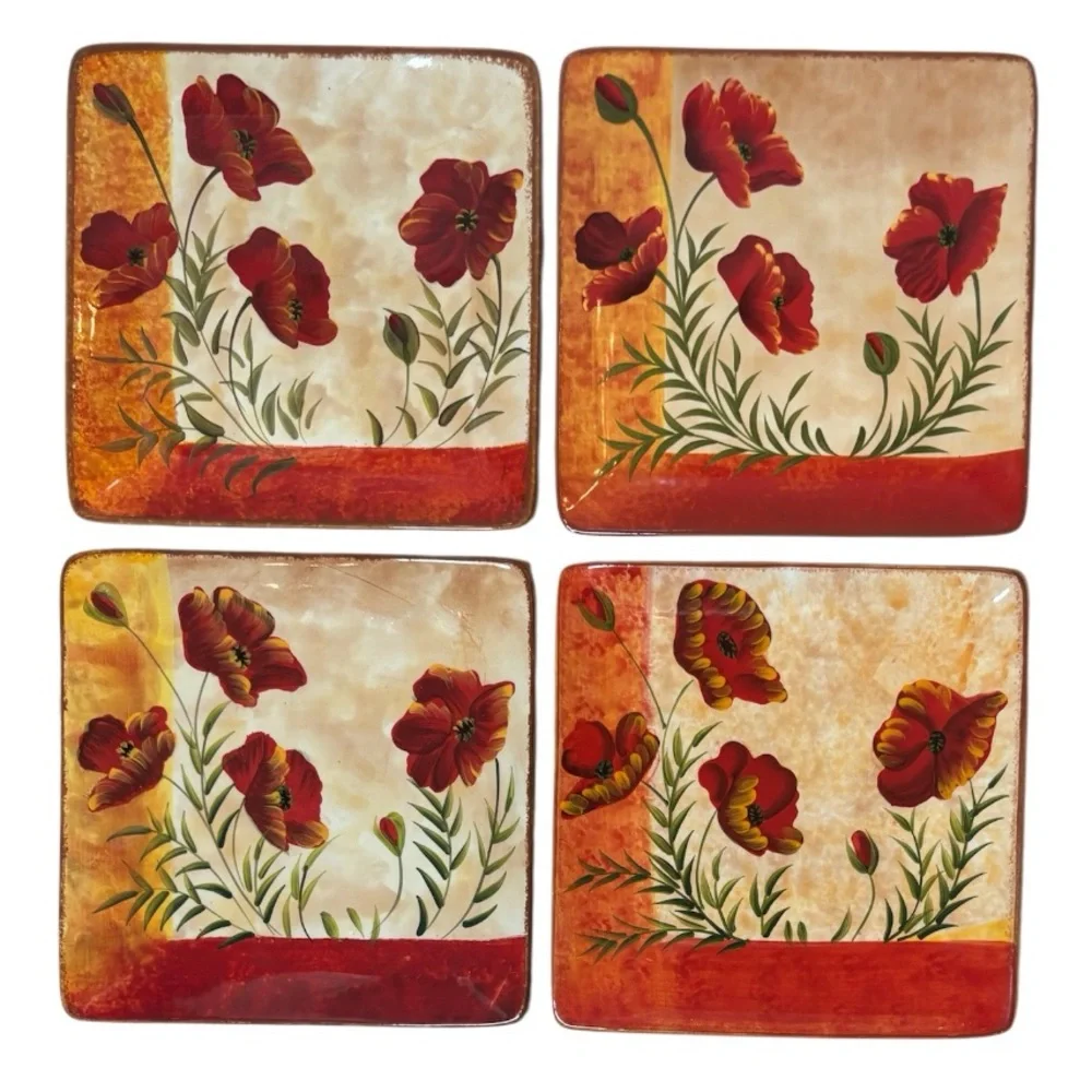 Pier 1 Poppies Plates Large 10.5”x10.5” Hand Painted Earthenware 4 Pc Set Red